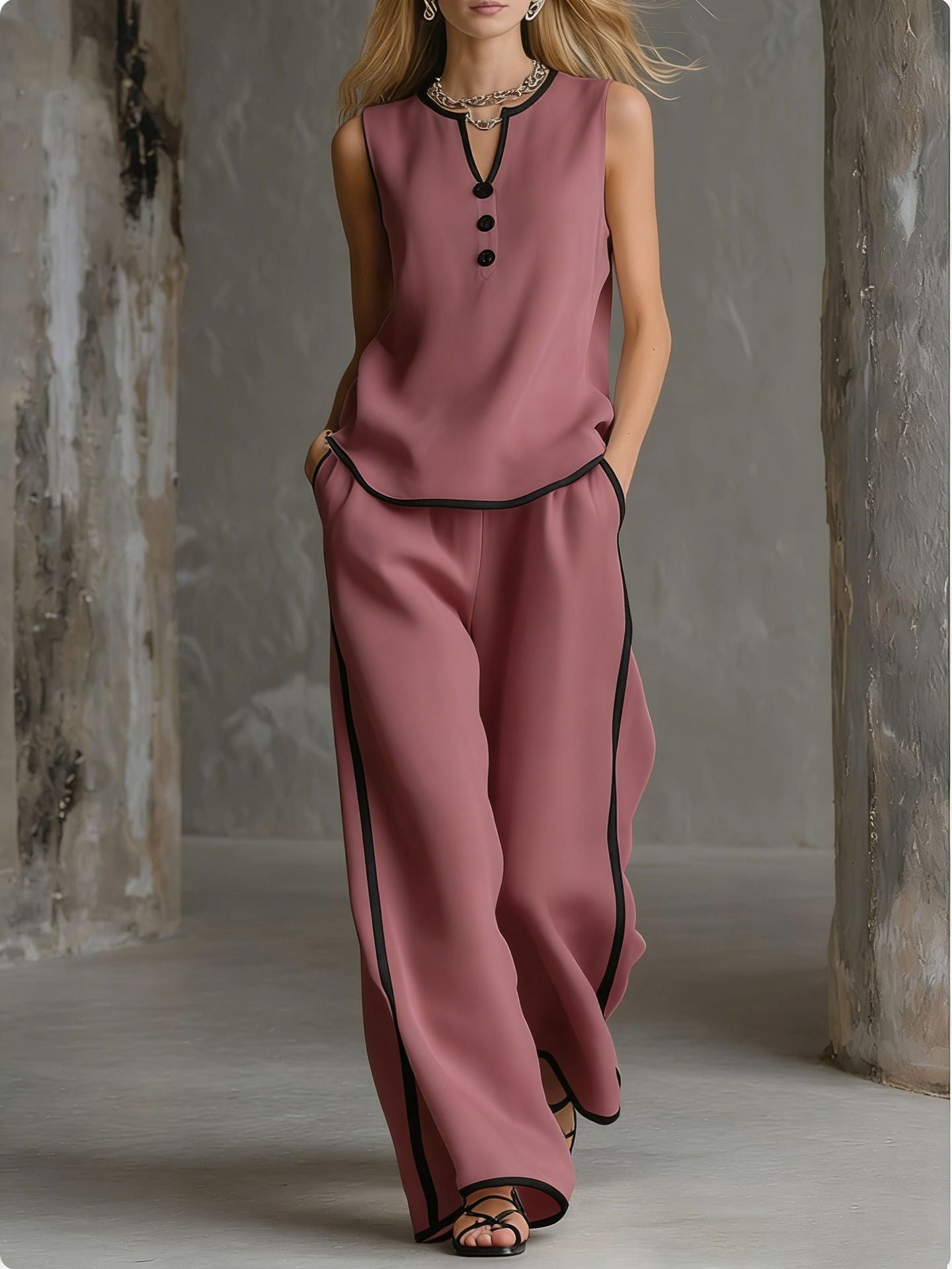 Contrast Trim Sleeveless Top & Wide-Leg Pants Two-Piece Set