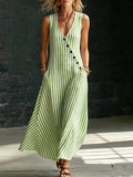 Relaxed V-Neck Button-Front Striped Sleeveless Maxi Dress
