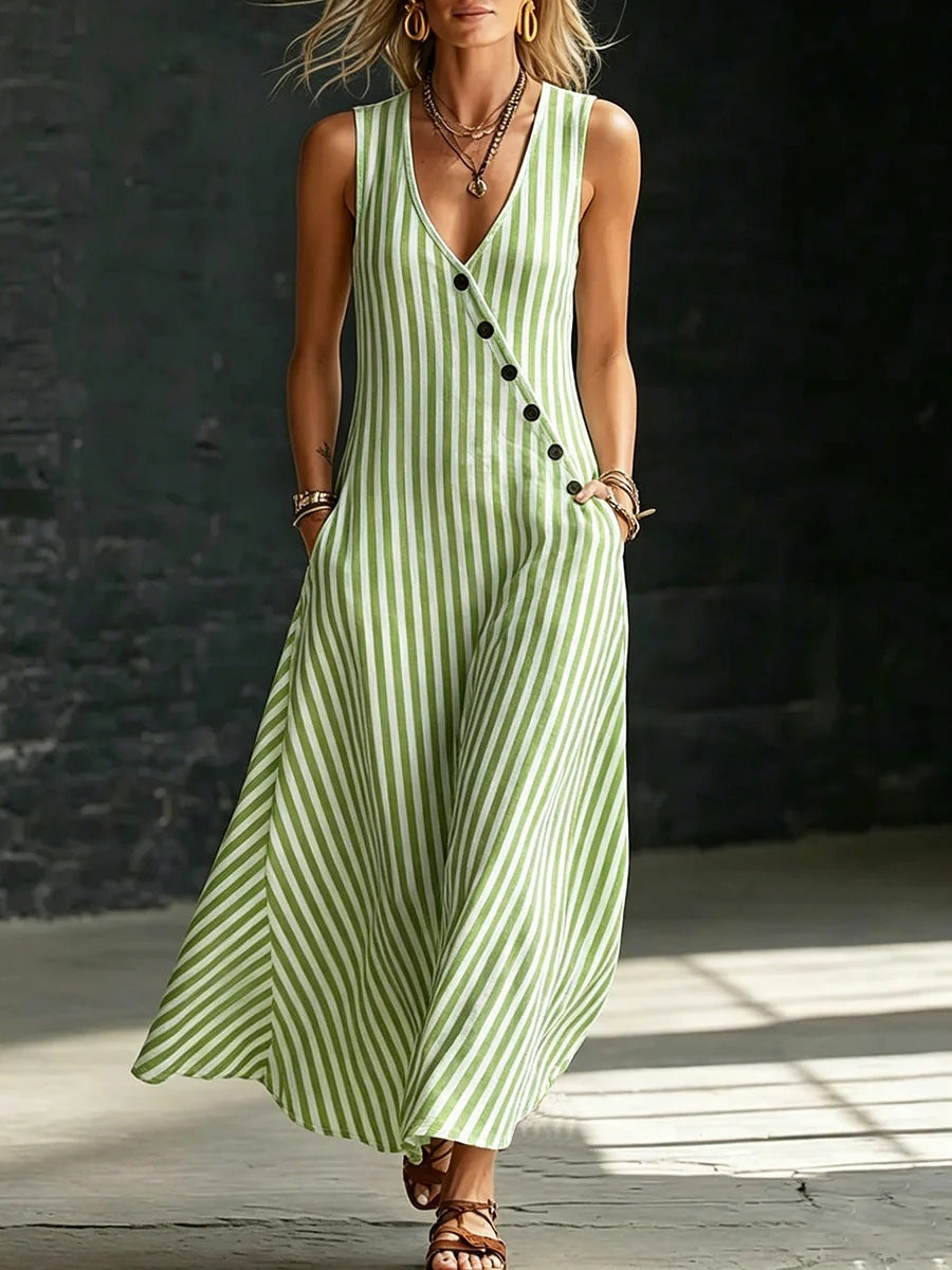 Relaxed V-Neck Button-Front Striped Sleeveless Maxi Dress