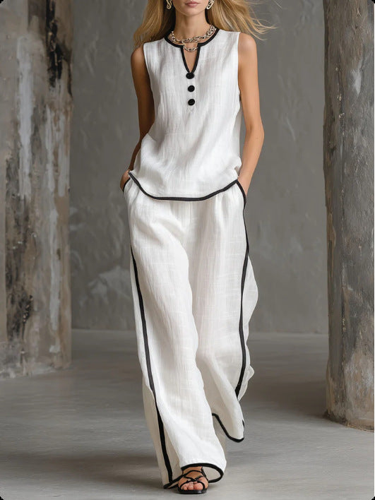 Contrast Trim Sleeveless Top & Wide-Leg Pants Two-Piece Set
