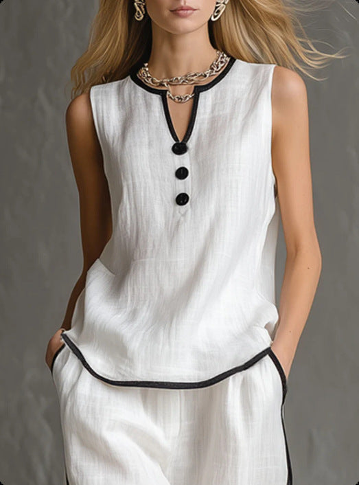 Contrast Trim Sleeveless Top & Wide-Leg Pants Two-Piece Set