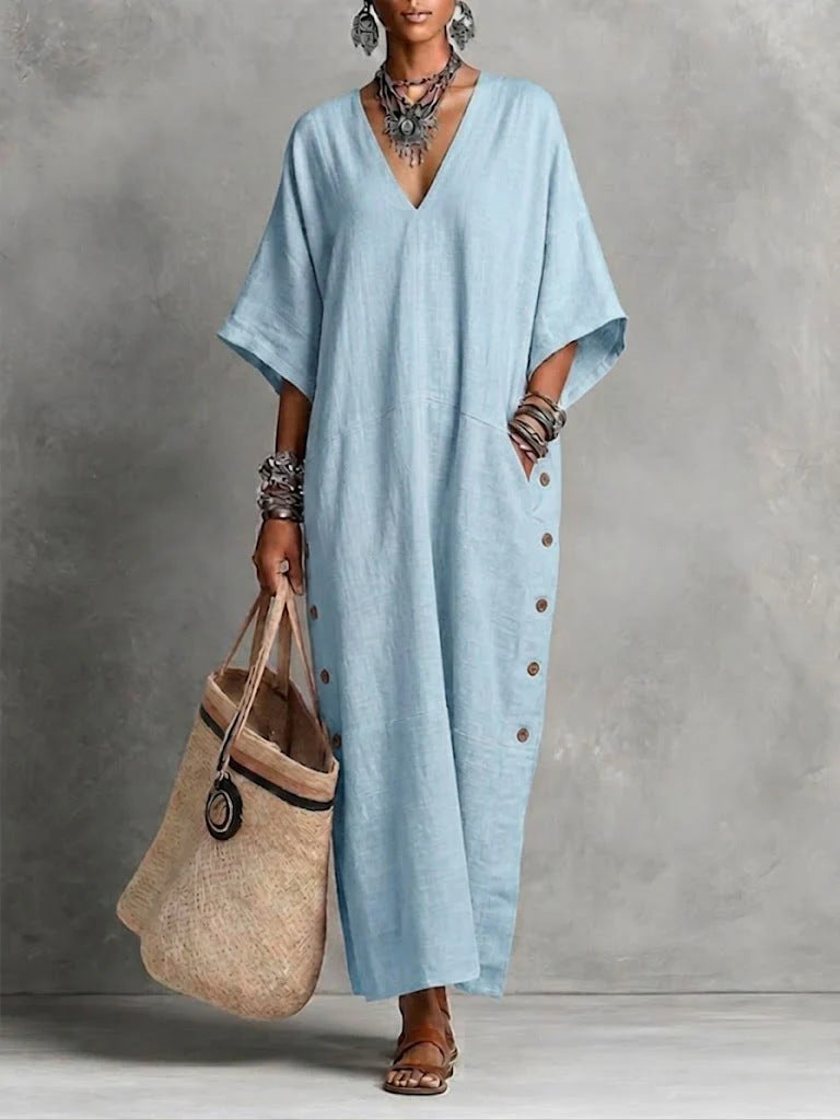 Boho Linen & Cotton Maxi Dress – Casual Loose Fit for Effortless Style