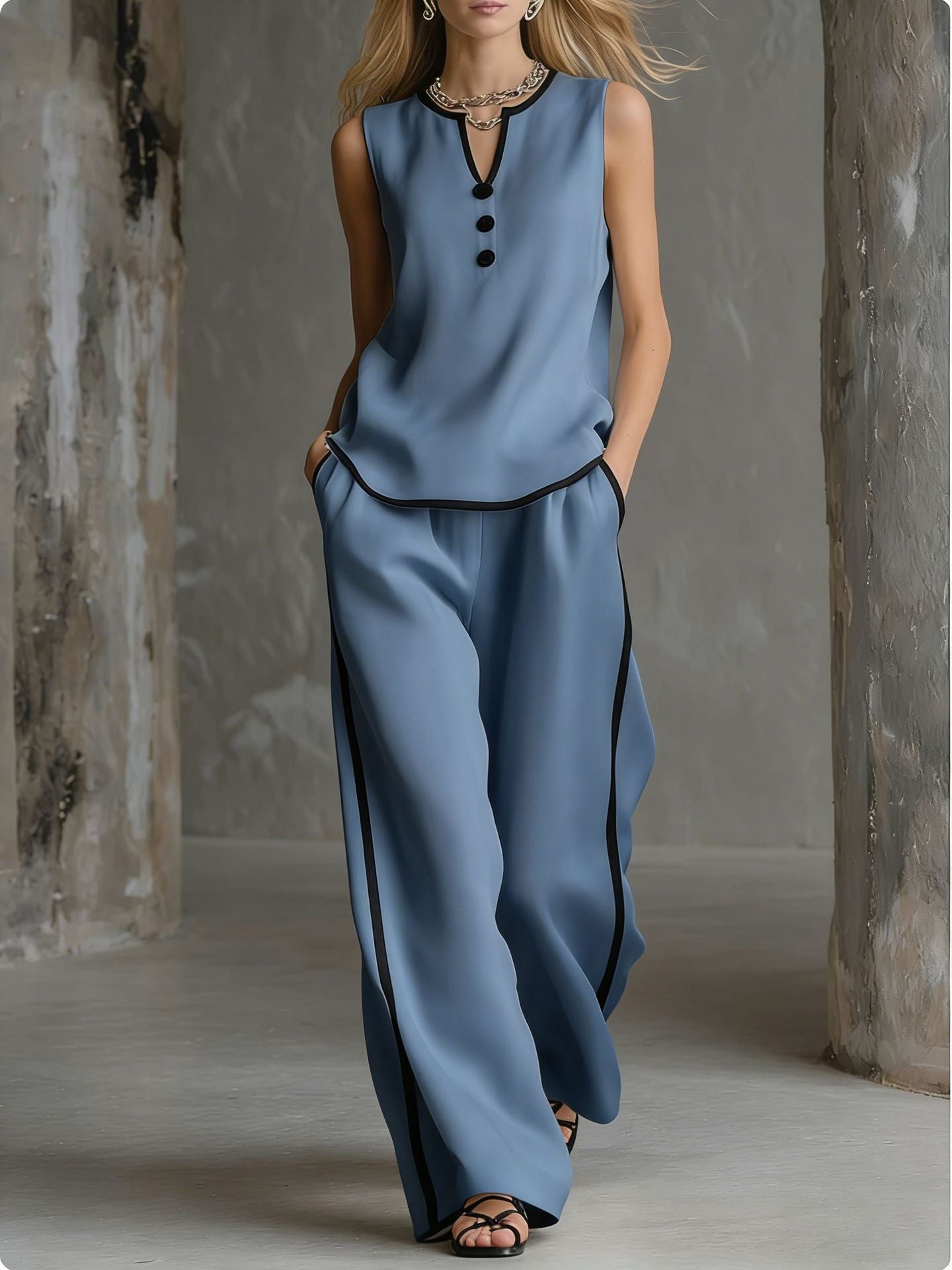Contrast Trim Sleeveless Top & Wide-Leg Pants Two-Piece Set