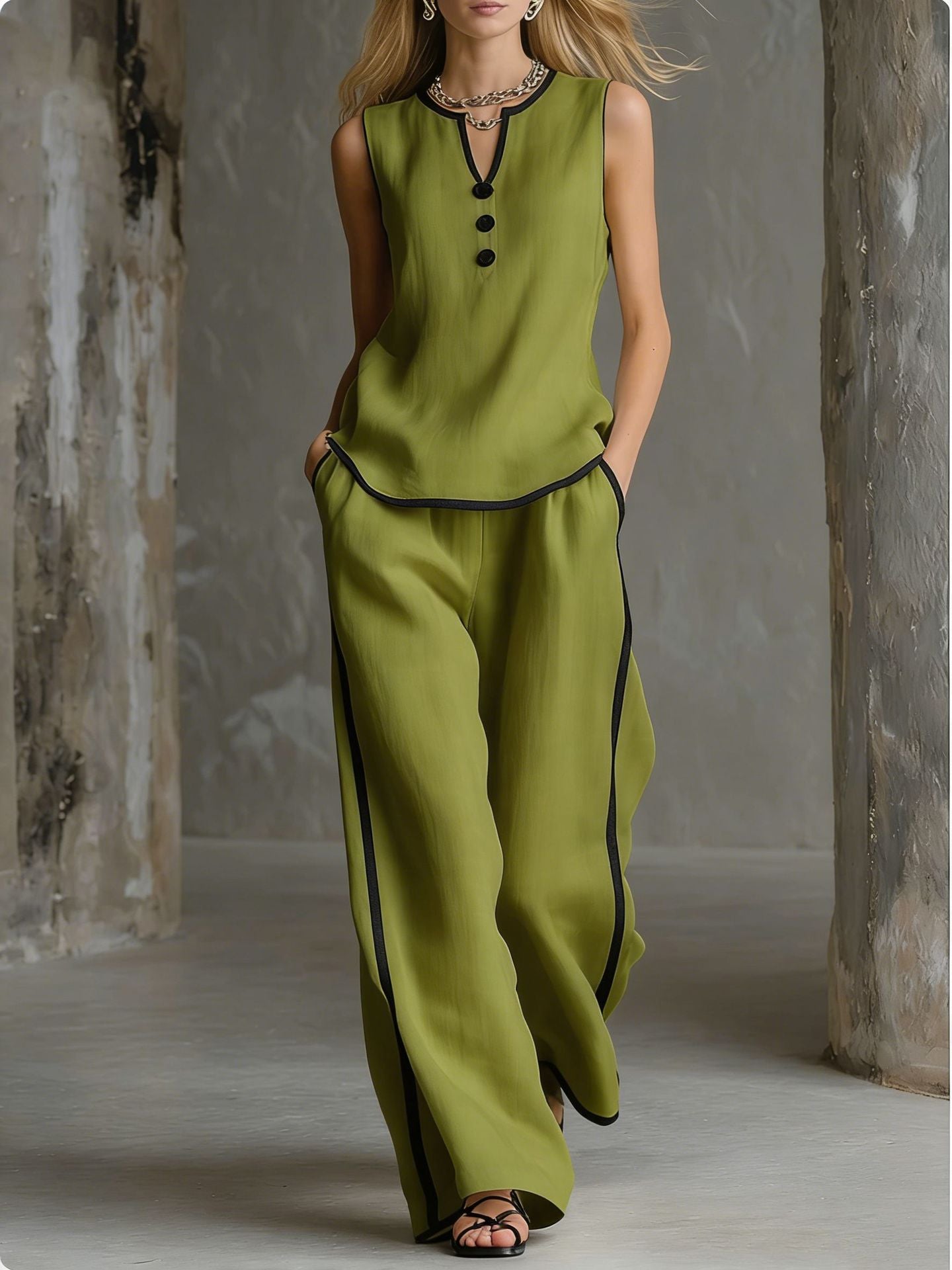 Contrast Trim Sleeveless Top & Wide-Leg Pants Two-Piece Set