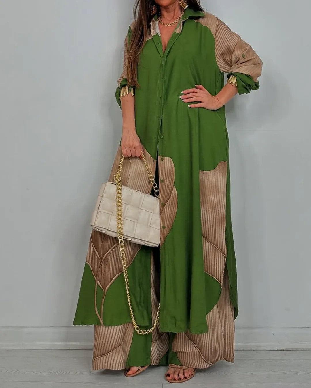 Women's V-neck Patchwork Top and Pants Casual Set