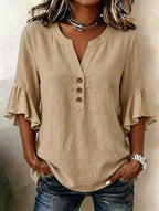 Women's Solid-color V-neck 3/4-sleeve Casual Loose Cotton-linen Top