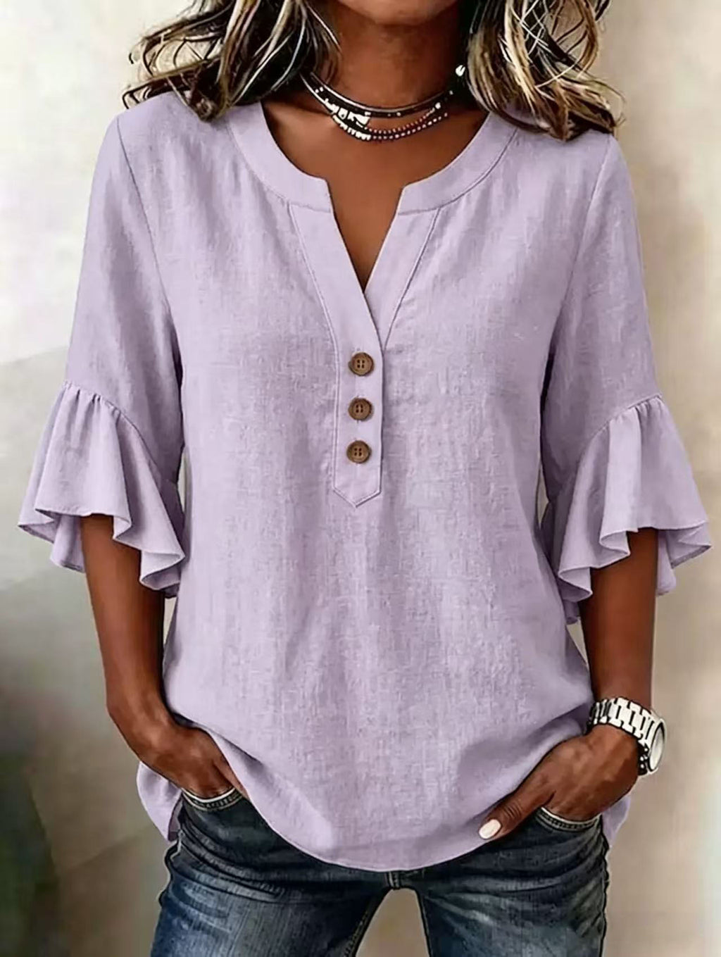 Women's Solid-color V-neck 3/4-sleeve Casual Loose Cotton-linen Top