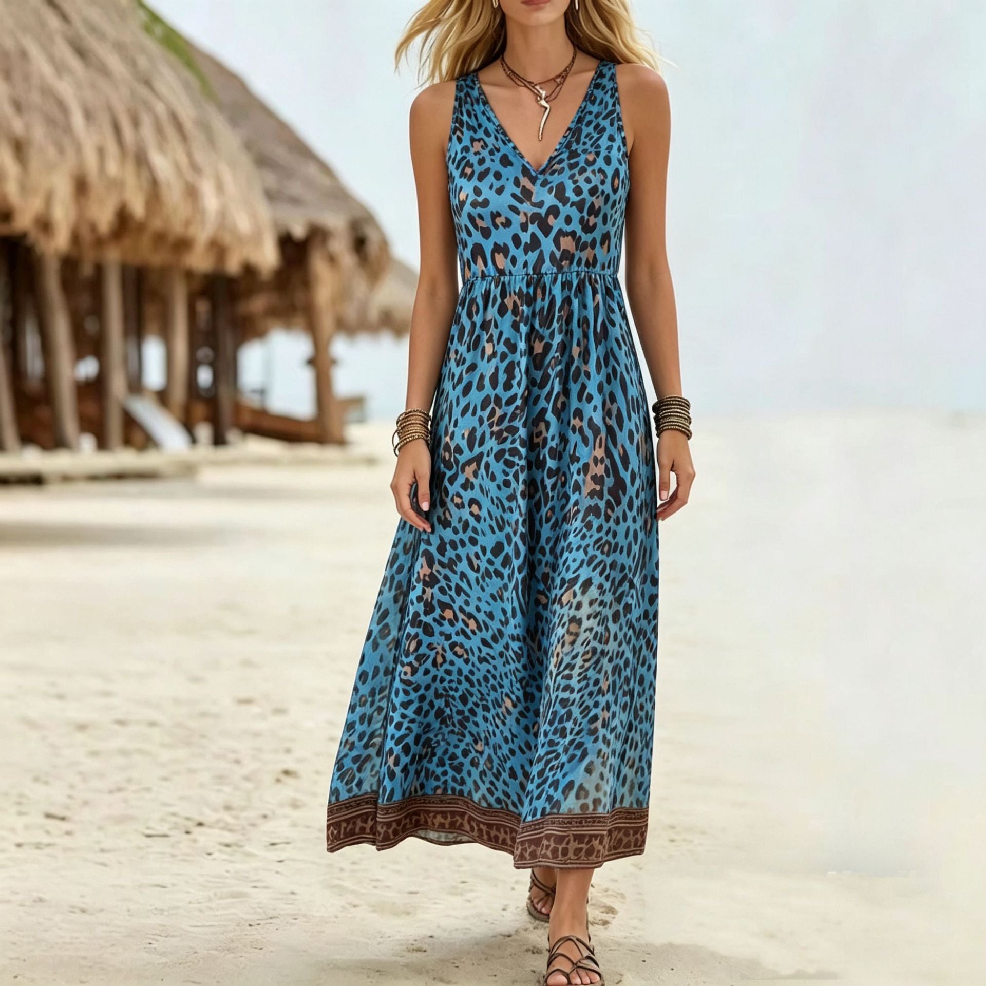 Elegant Leopard Print V-Neck Sleeveless Summer Dress