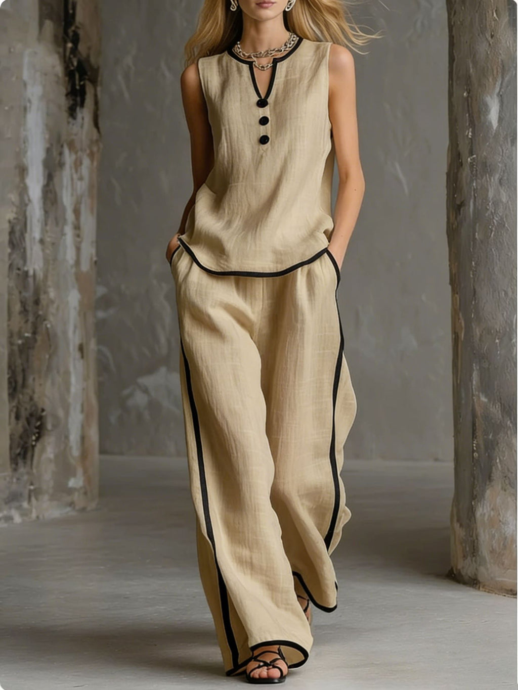 Contrast Trim Sleeveless Top & Wide-Leg Pants Two-Piece Set
