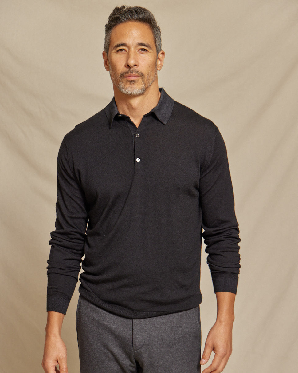 The Harrison - LS Lightweight MERINOmax Polo - Black