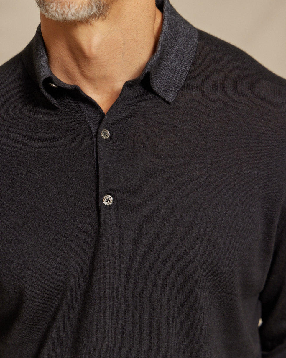The Harrison - LS Lightweight MERINOmax Polo - Black