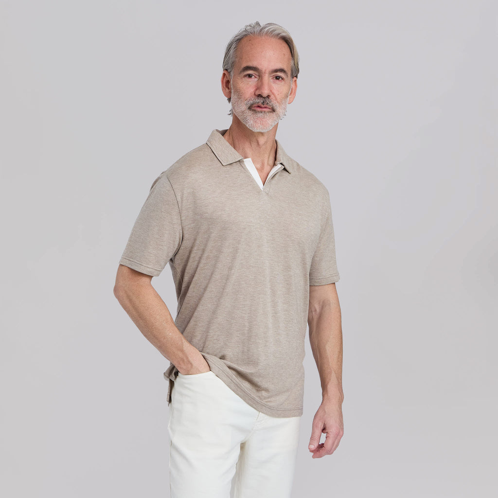 The Everett - Double Placket Johnny Collar Polo - Taupe/White