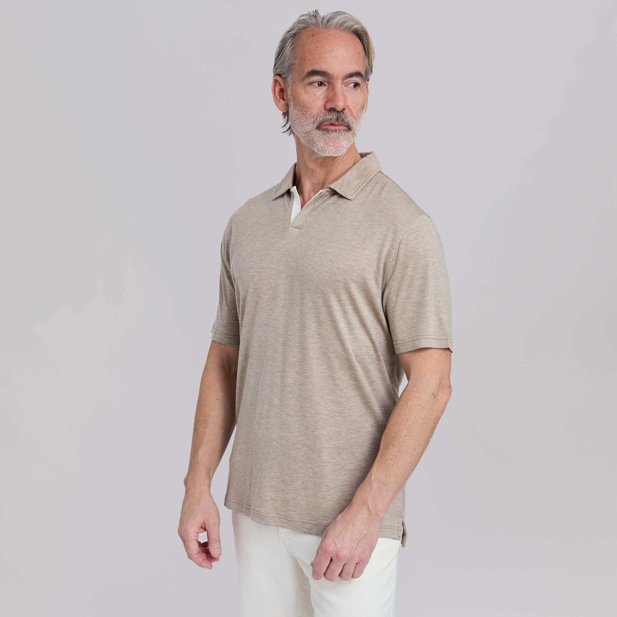 The Everett - Double Placket Johnny Collar Polo - Taupe/White