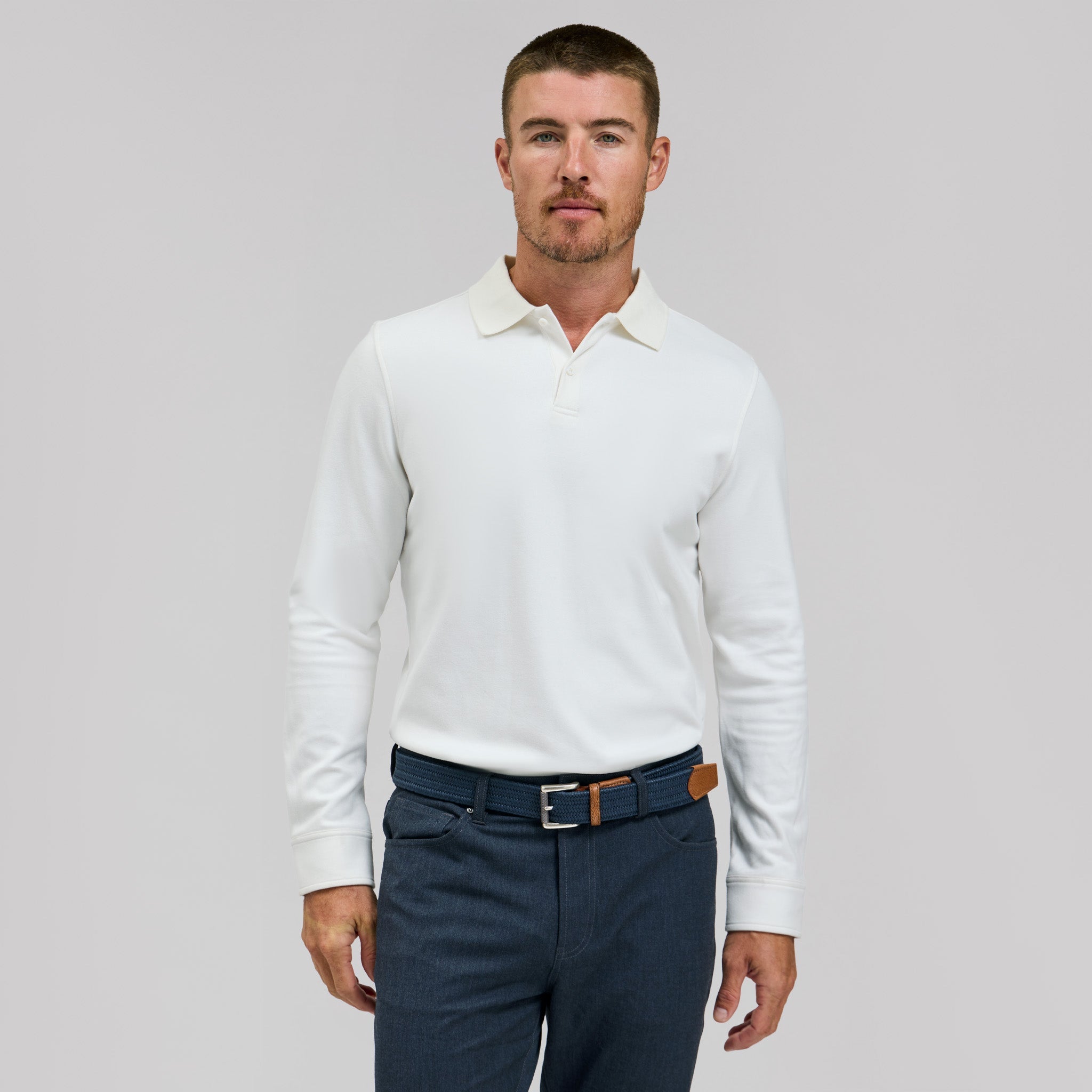 The Braden - Tech Wool Long Sleeve Polo - White