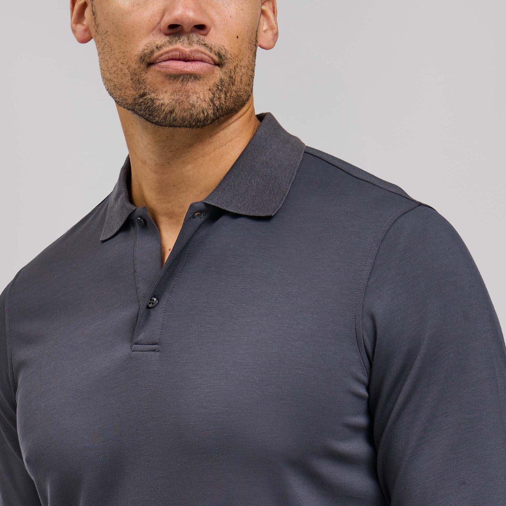 The Holden - Stone Washed Double Knit LS Polo - Charcoal
