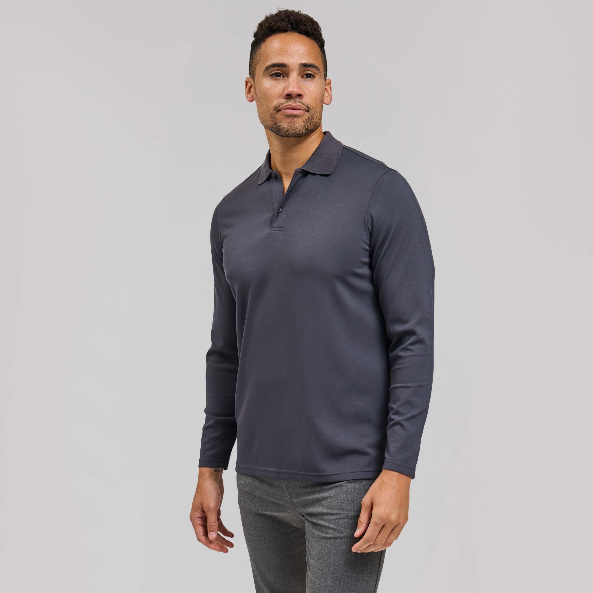 The Holden - Stone Washed Double Knit LS Polo - Charcoal