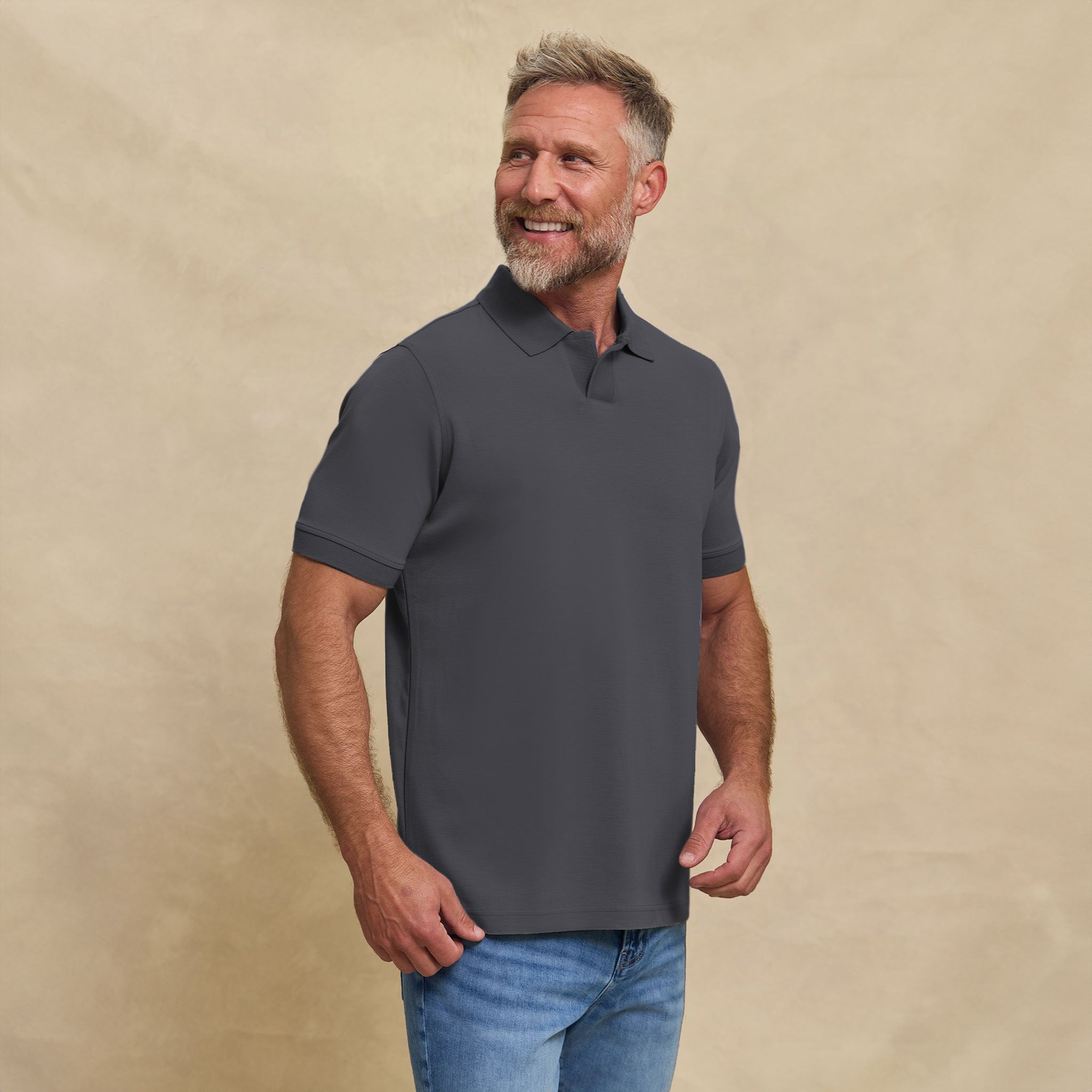 The Yates - Sand Washed Double Knit SS Polo - Charcoal