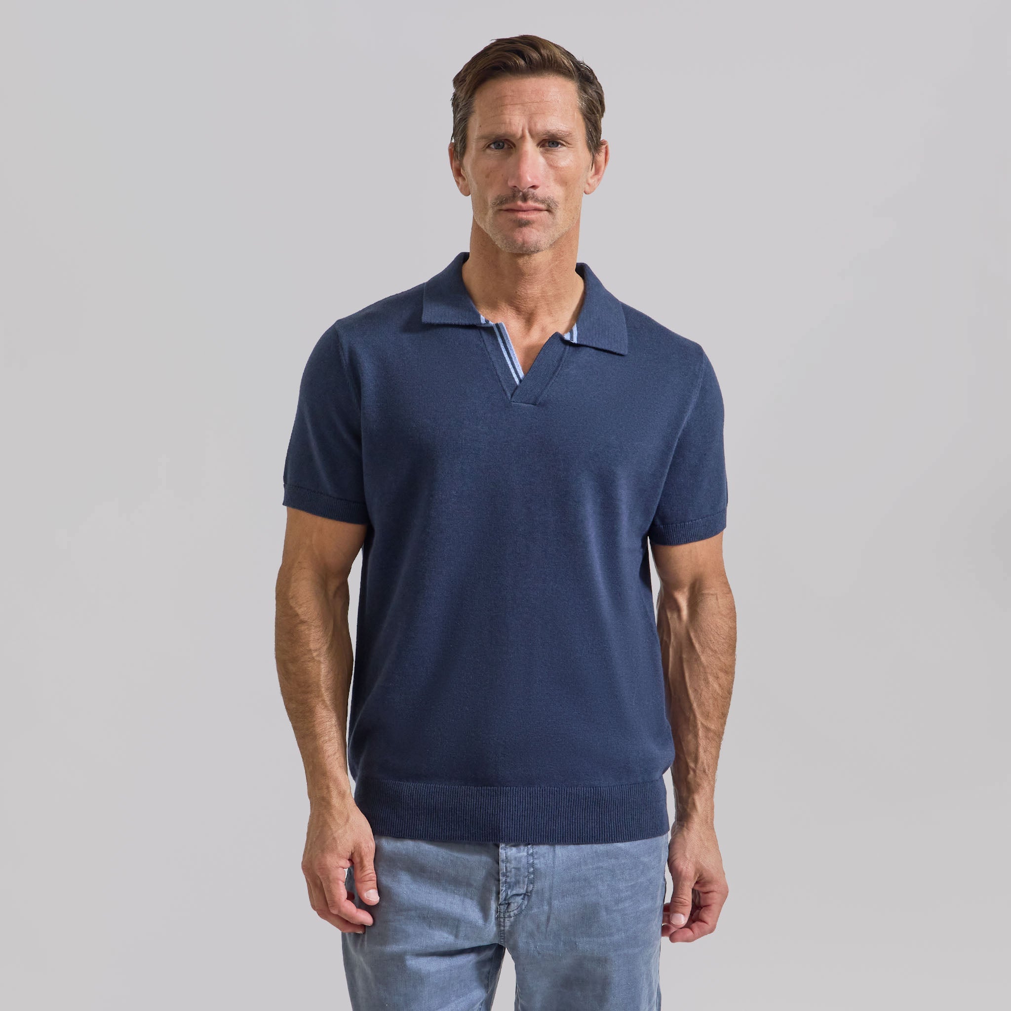 The William - Cotton/Cashmere Johnny Collar Polo - Navy/Baby Blue