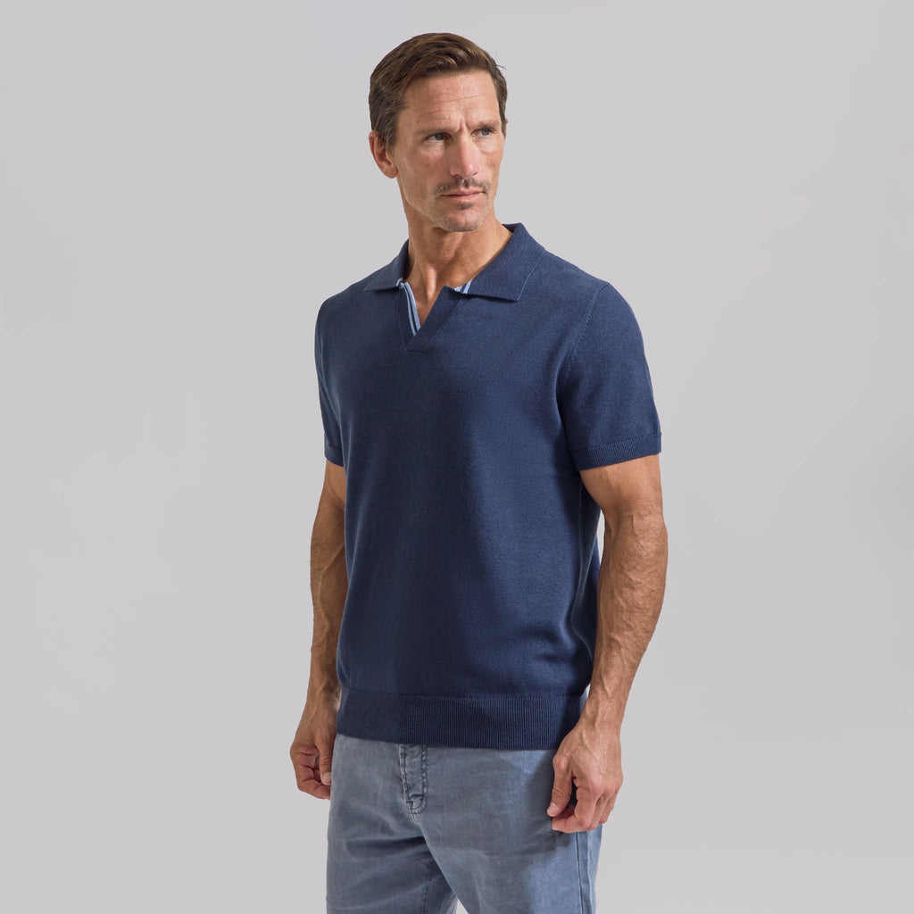 The William - Cotton/Cashmere Johnny Collar Polo - Navy/Baby Blue