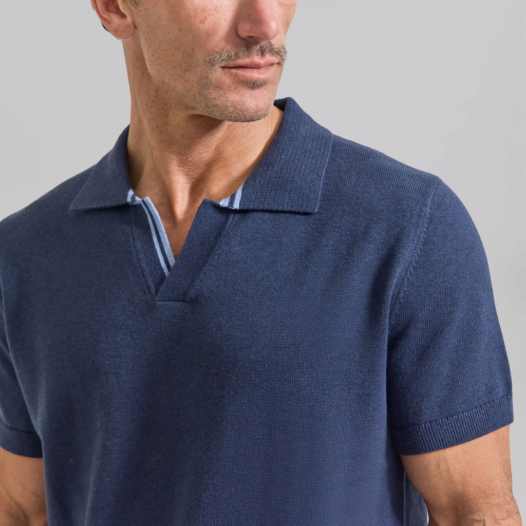 The William - Cotton/Cashmere Johnny Collar Polo - Navy/Baby Blue