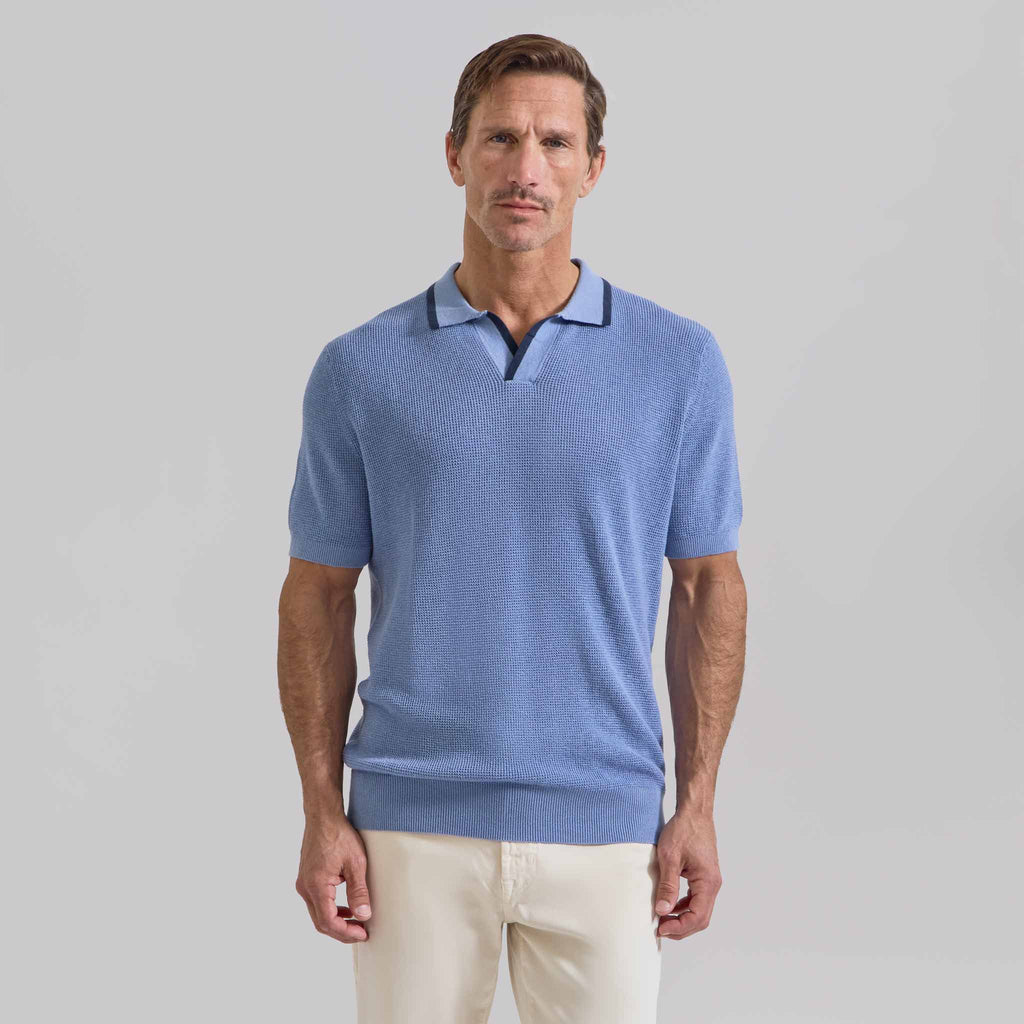 The Adair - Cotton Cashmere SS Polo w/Tipping - Sky Blue / Navy