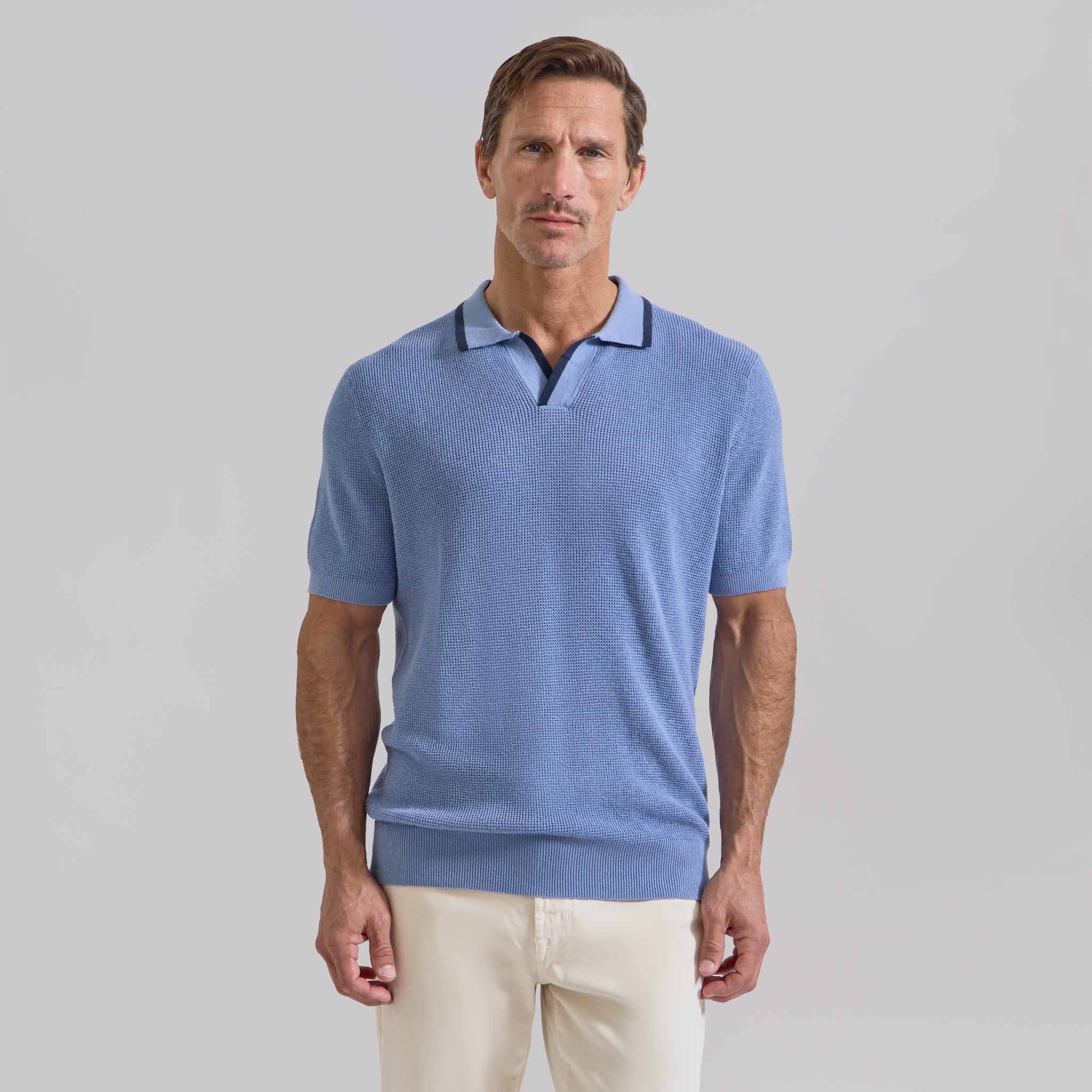 The Adair - Cotton Cashmere SS Polo w/Tipping - Sky Blue / Navy