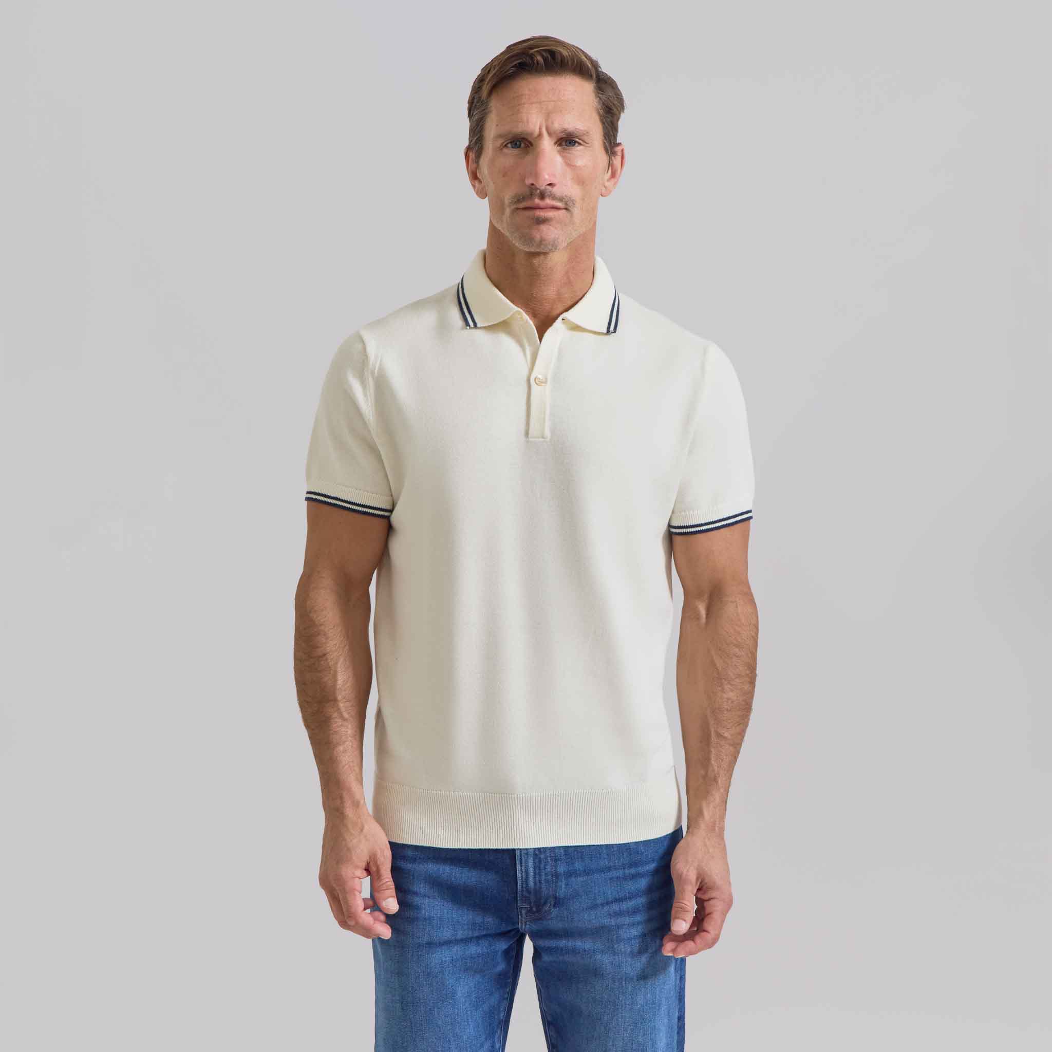 The Thomas - Cotton/Cashmere Polo w/ Collar Tipping - Off White/Navy
