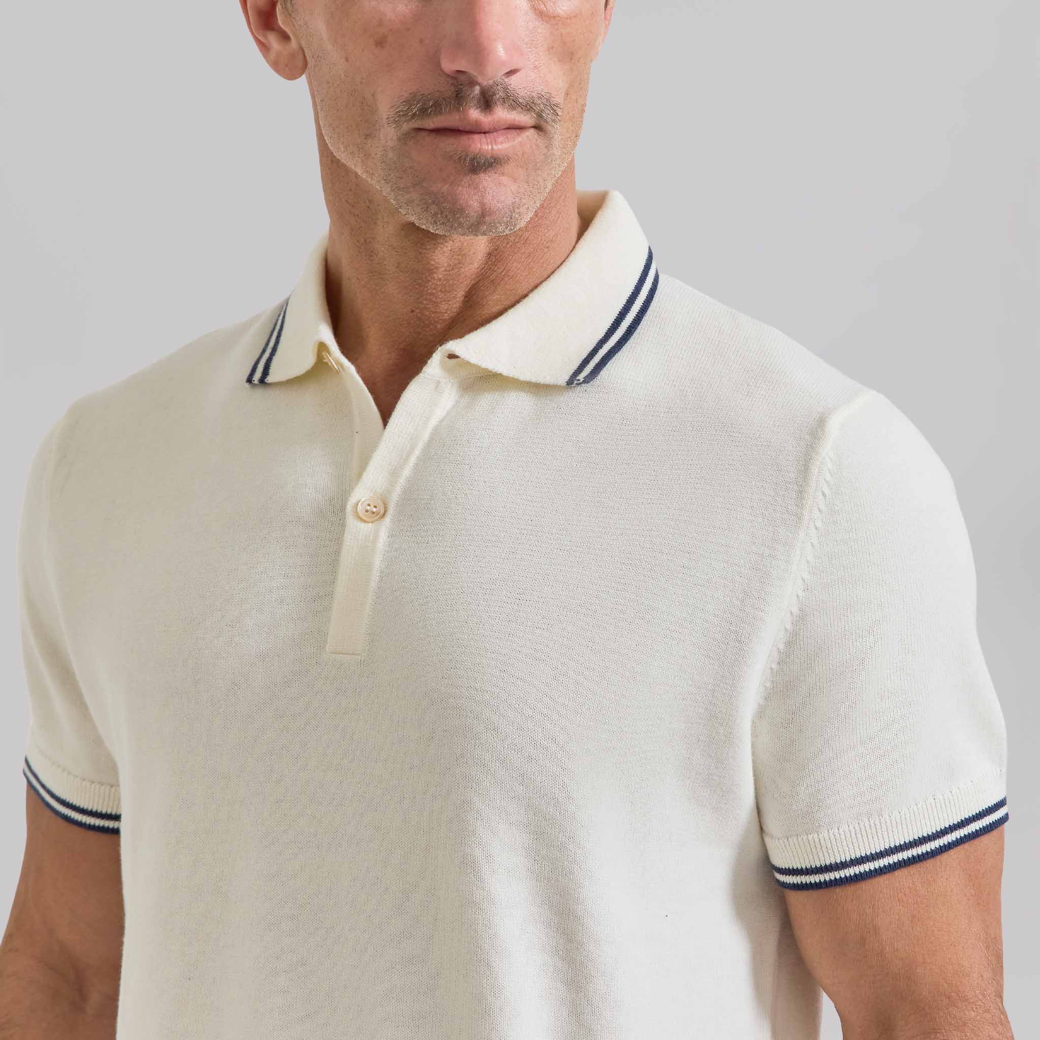 The Thomas - Cotton/Cashmere Polo w/ Collar Tipping - Off White/Navy