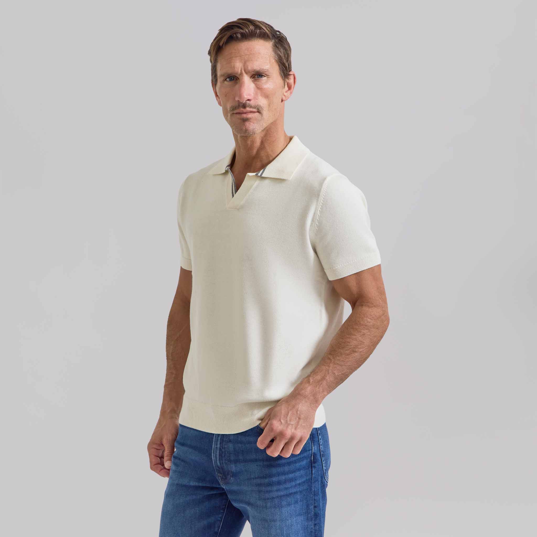The William - Cotton/Cashmere Johnny Collar Polo - Off White/Heather Grey
