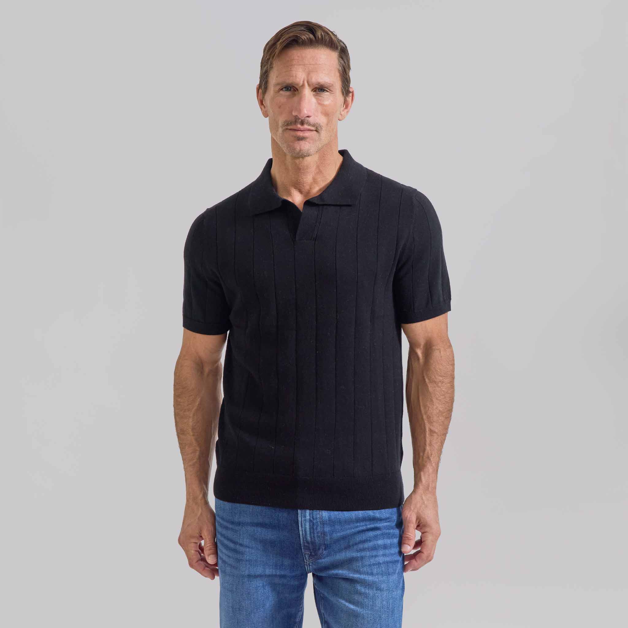 The Pearson - Cotton/Cashmere Striped SS Polo - Black