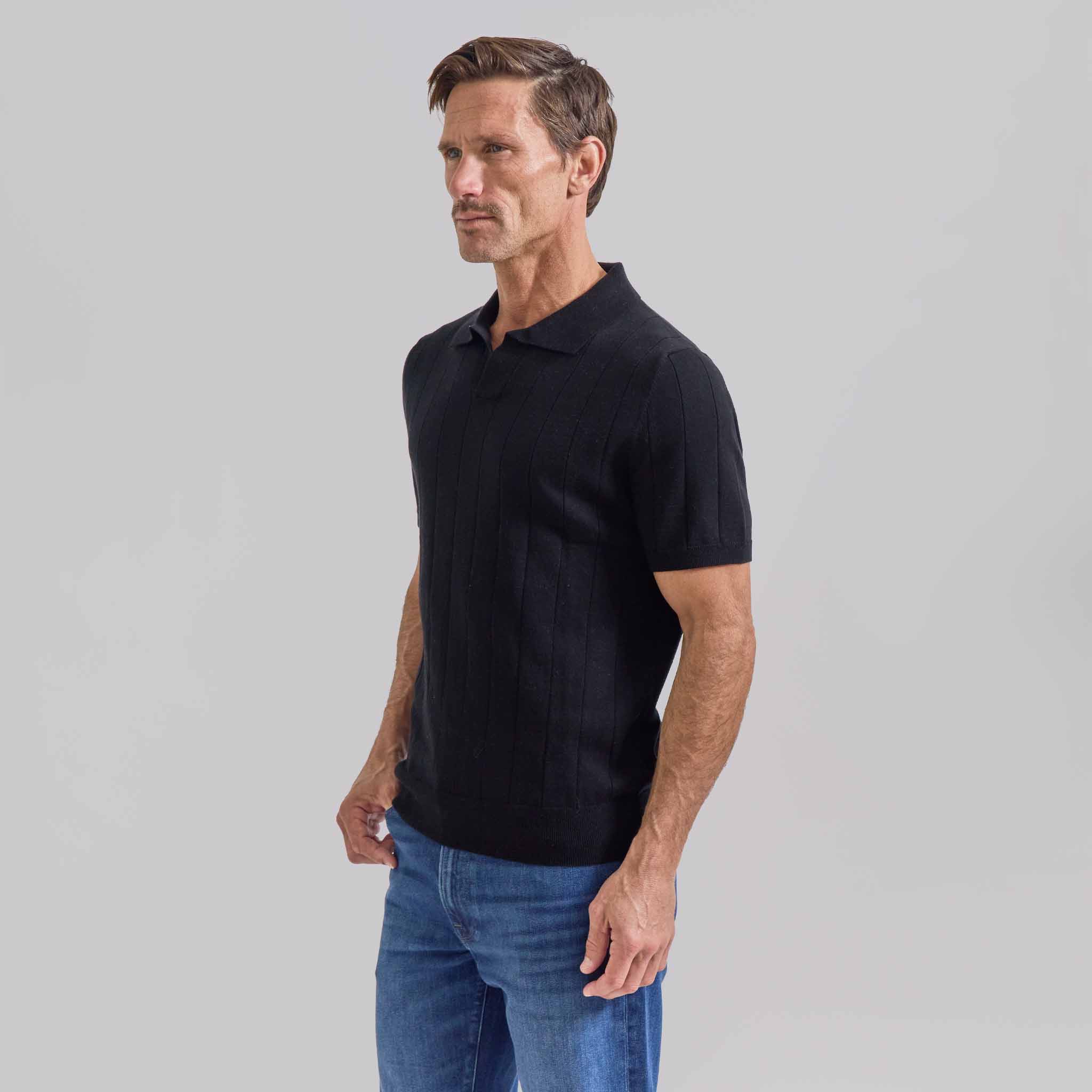 The Pearson - Cotton/Cashmere Striped SS Polo - Black