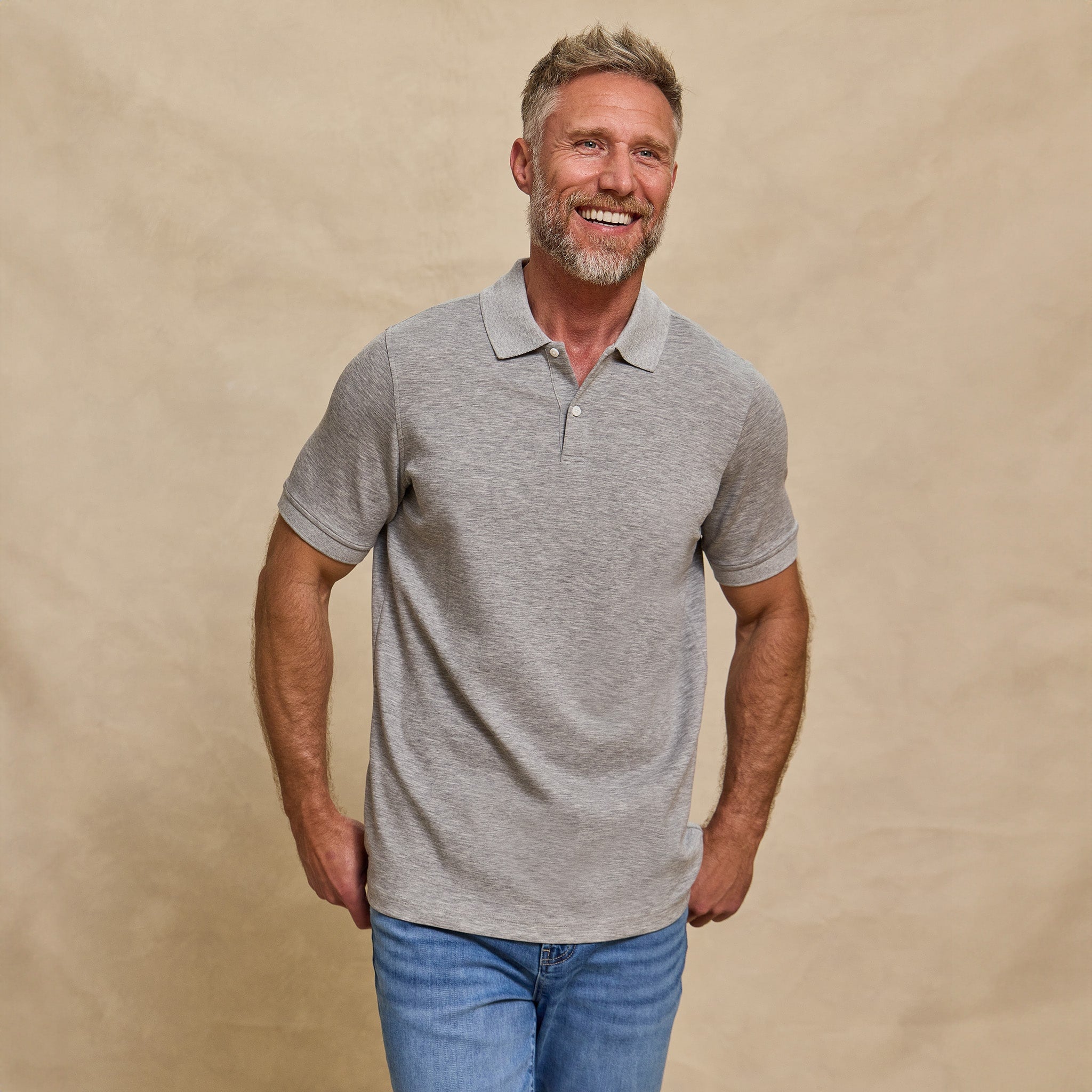 The Holden - Sand Washed Double Knit SS Polo - Heather Grey