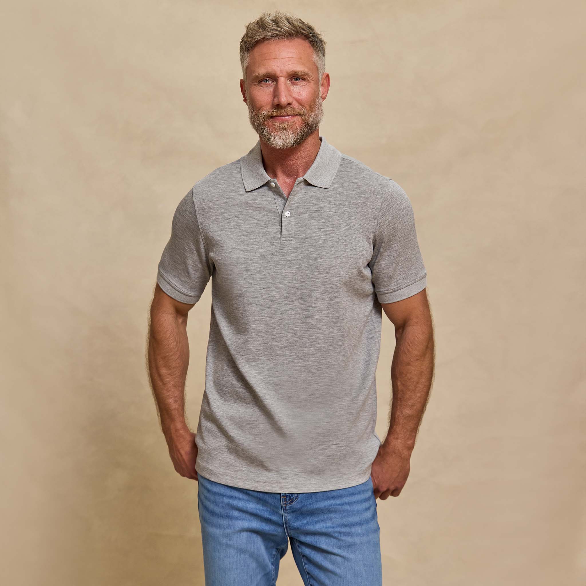 The Holden - Sand Washed Double Knit SS Polo - Heather Grey
