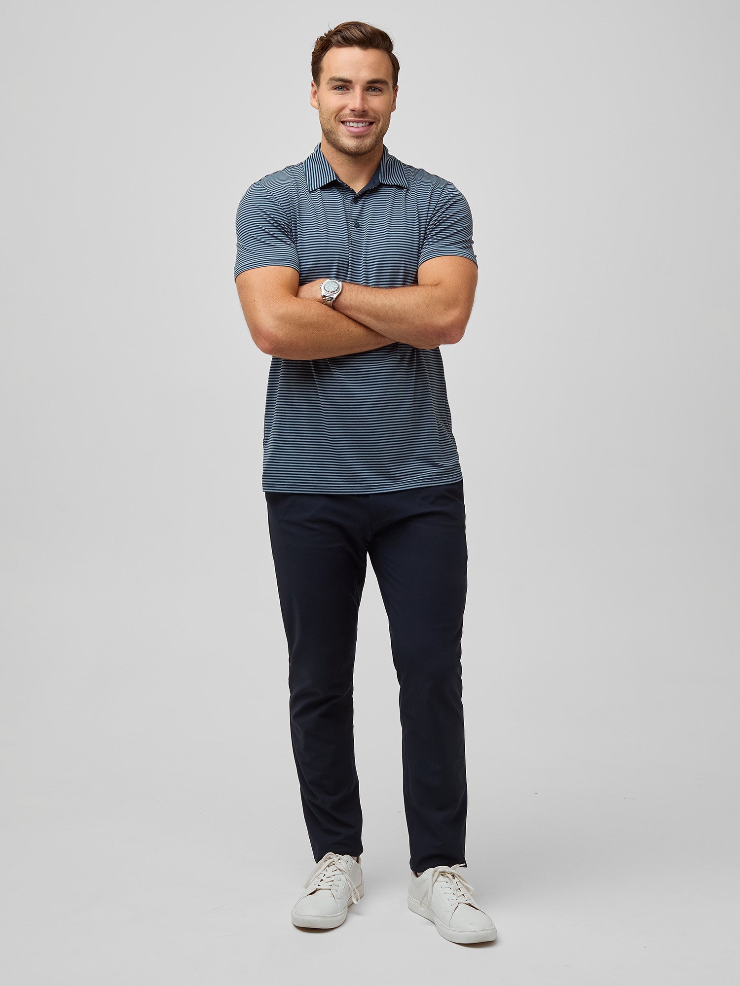 Navy + Wedgewood Striped Performance Polo