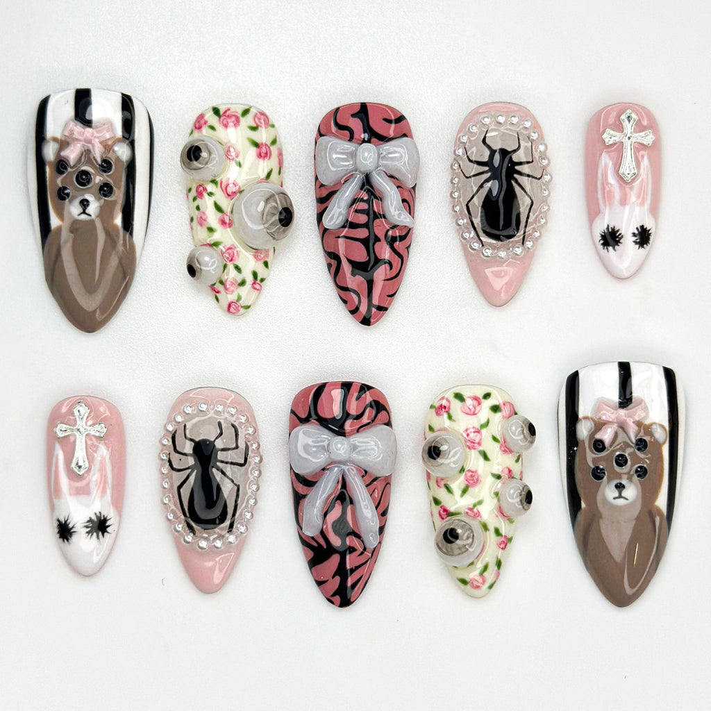 3D Spider & Bear Nail Art Set - Cute Pink Cross Bow Design. Floral Accents