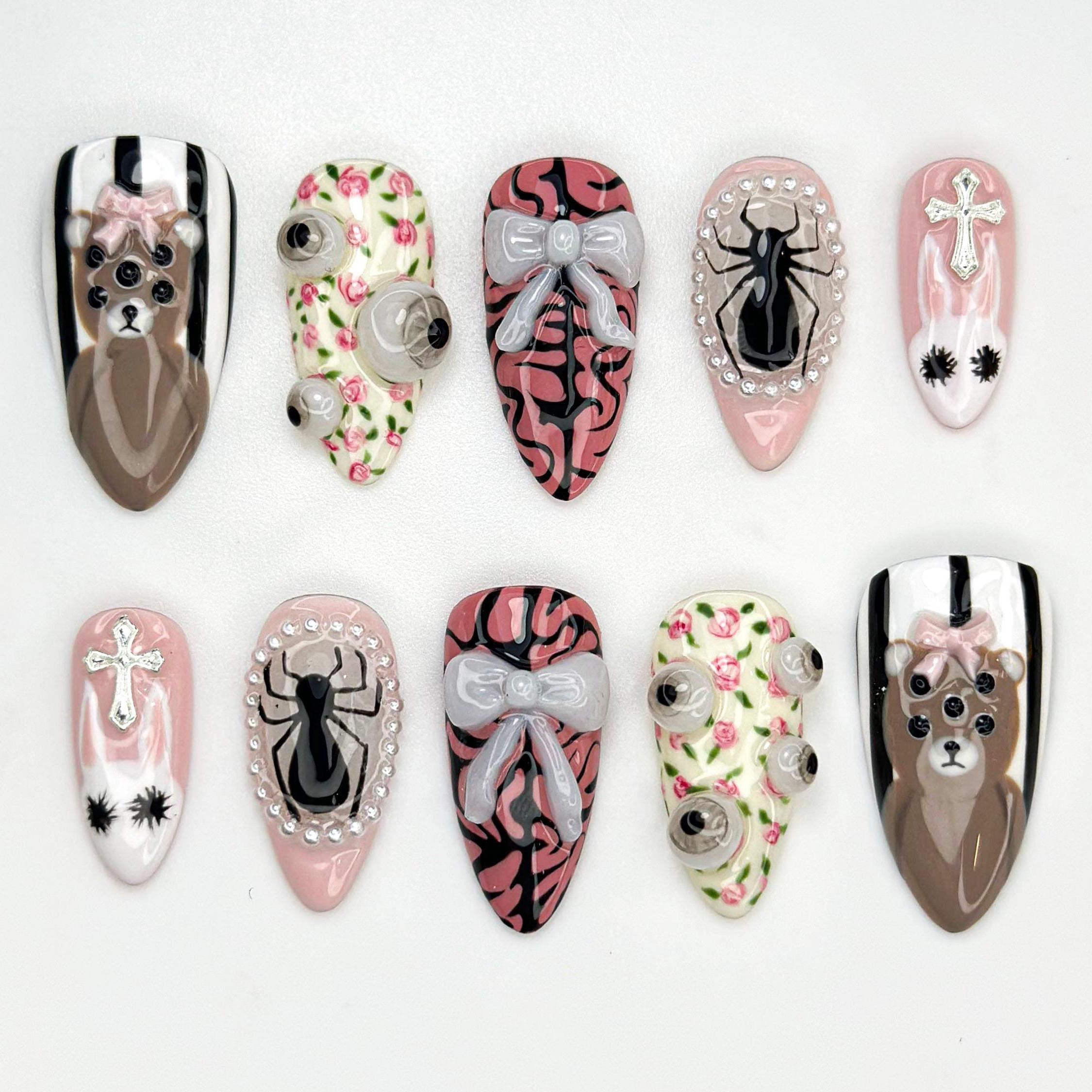 3D Spider & Bear Nail Art Set - Cute Pink Cross Bow Design. Floral Accents