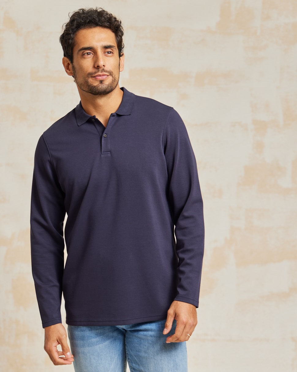 The Holden - Stone Washed Double Knit LS Polo - Navy