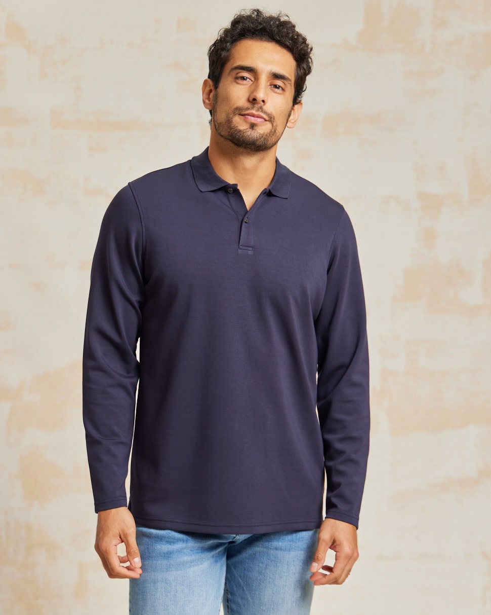 The Holden - Stone Washed Double Knit LS Polo - Navy
