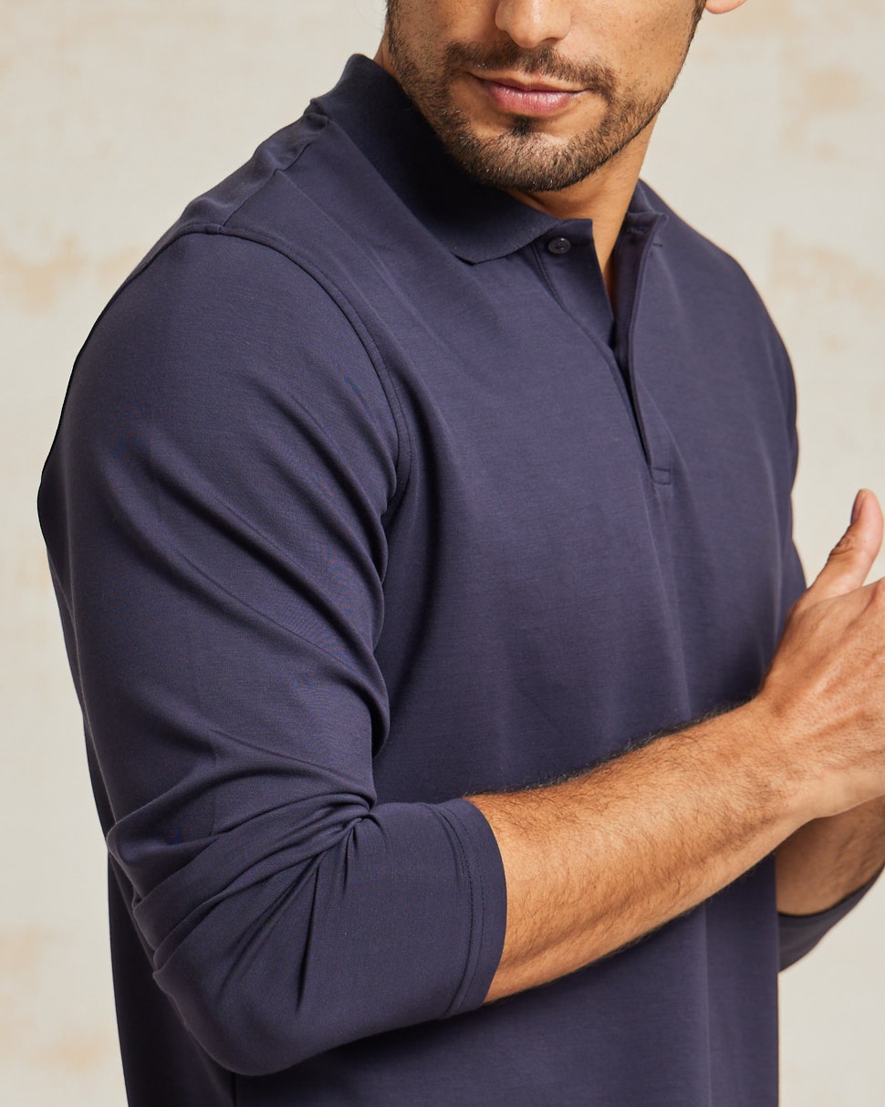 The Holden - Stone Washed Double Knit LS Polo - Navy