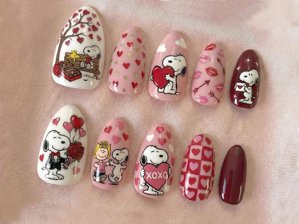 Snoopy Love Story Press On Nails | Valentine Cartoon Nails | Pink Heart Nail Art | Cute Snoopy & Peanuts Design | Handmade Press Ons | OB14L