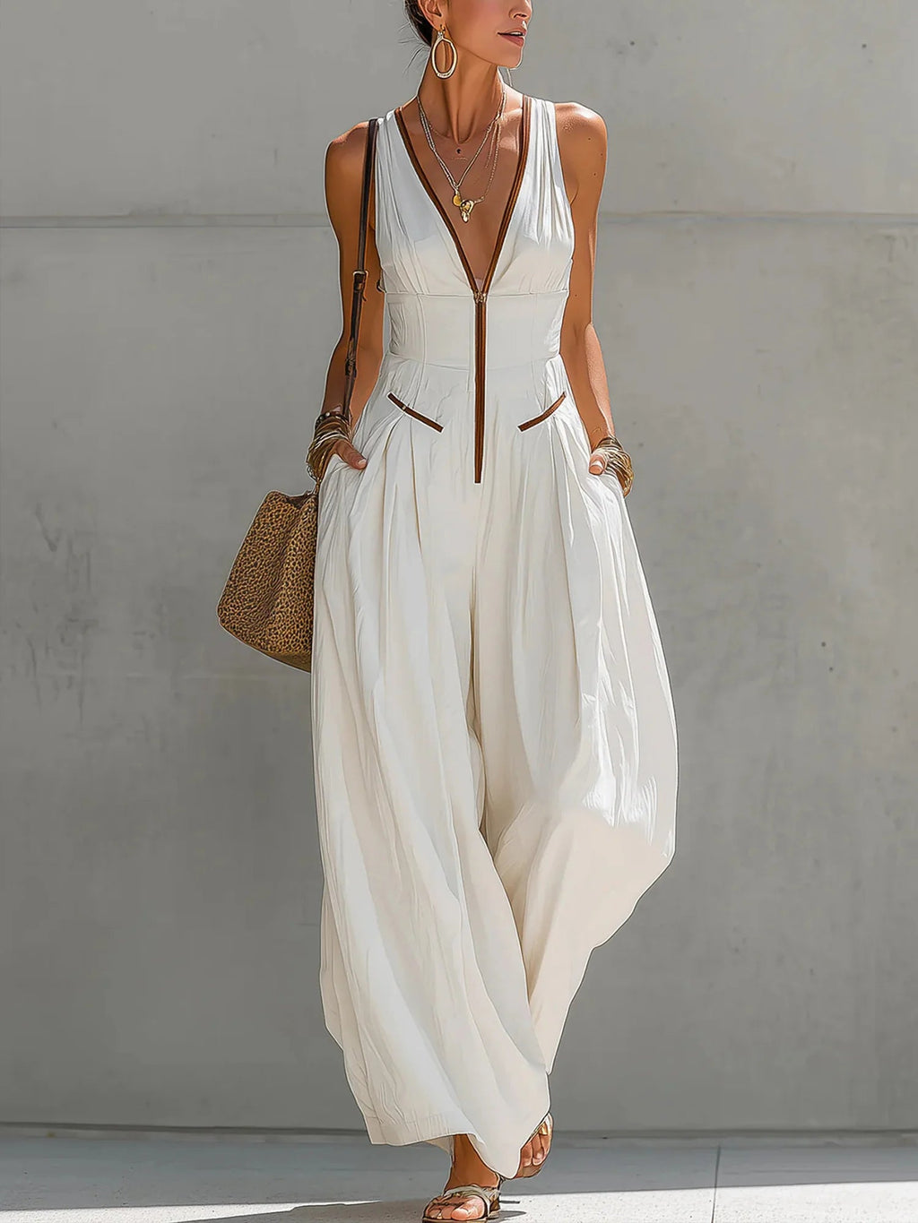 Urban Zipper Color Block V Neck Jumpsuit
