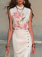 White Floral Sleeveless Top And Midi Skirt Set