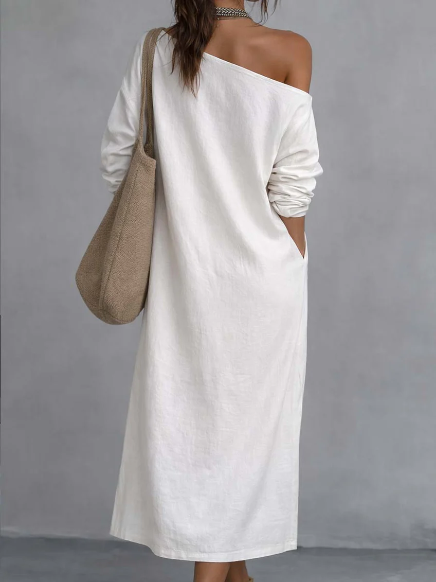 White One-shoulder Faux Cotton Linen Loose-fitting Midi Dress