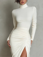 White Turtleneck Long-sleeved Pleated Midi Dress