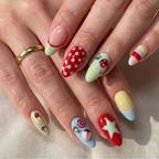 Press On Nails Adhesive Tabs with Colorful Pastel Dot & Star Art Design. Handmade Long Playful Fake Nails for Dopamine Aesthetic or Kawaii Statement Look | OB03LN