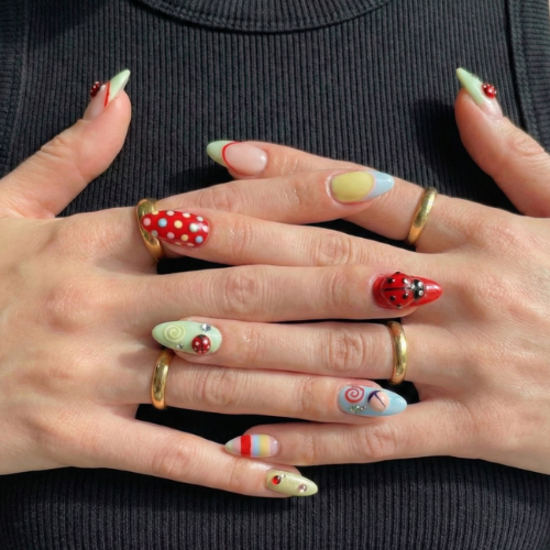 Press On Nails Adhesive Tabs with Colorful Pastel Dot & Star Art Design. Handmade Long Playful Fake Nails for Dopamine Aesthetic or Kawaii Statement Look | OB03LN