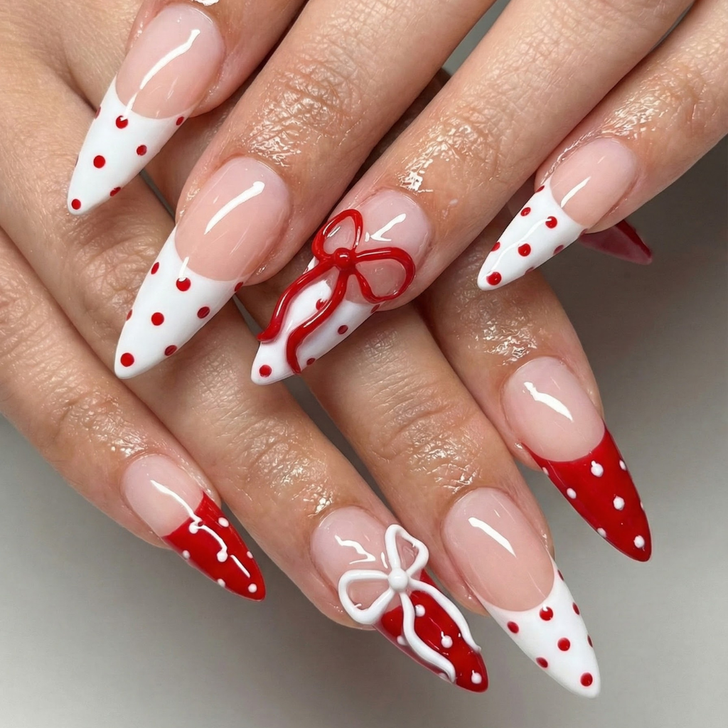 Press On Nails Adhesive Tabs with Red & White Polka Dot French Tip and 3D Bow Design. Handmade Long Stiletto Fake Nails for Valentine Look or Coquette Aesthetic Nails | OB7L