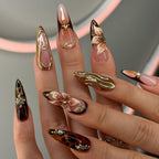 Gold Wave Floral Press On Nails | Elegant Wedding Press-On Nail Set | Luxurious Gold Bloom Design | OB91