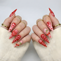 Press On Nails Adhesive Tabs with Red Cherry & Heart Swirl Art Design. Handmade Long Stiletto Fake Nails for Valentine Aesthetic or Romantic Statement Look | OB02LN
