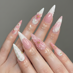 Nail Tabs for Press On Nails – Pink White Floral 3D Flower Long Stiletto Press On Nails | OB05L